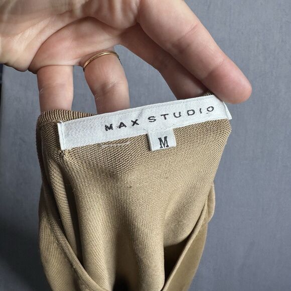 Max Studio Top Womens M Ruche Sleeve Knit Wheat Bell Sleeve Boho Flare Nylon - Picture 8 of 9